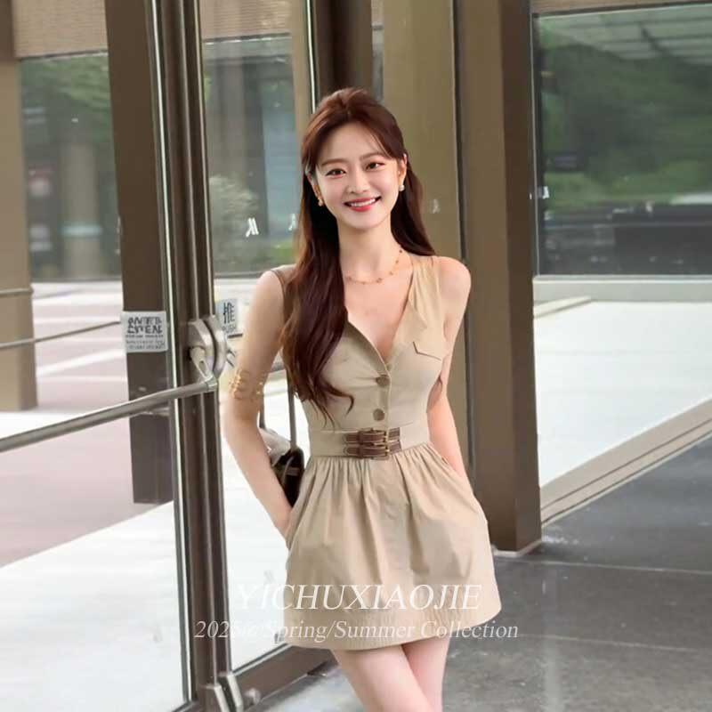 레이디스 여름 원피스 레트로 밀리터리 스타일 A 라인 민소매 턴 컬러 허리 모양 짧은 길이 캐주얼 한국 스타일 우아한 빈티지 탑스 스커트 조합 가벼운 실루엣 세련 스타일