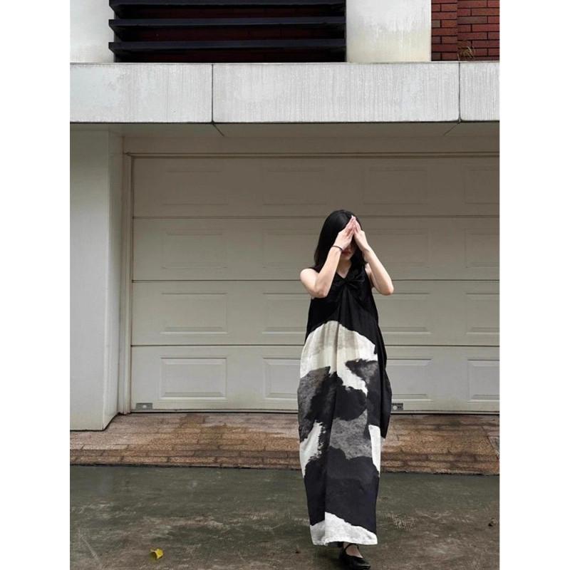 樂天商城 - ワンピース レディース 無袖 ゆったり 水墨画風 プリント 夏用 海辺 リゾート シンプル 高級感 軽量 コットン混 ビーチ バカンス トップス ドレス