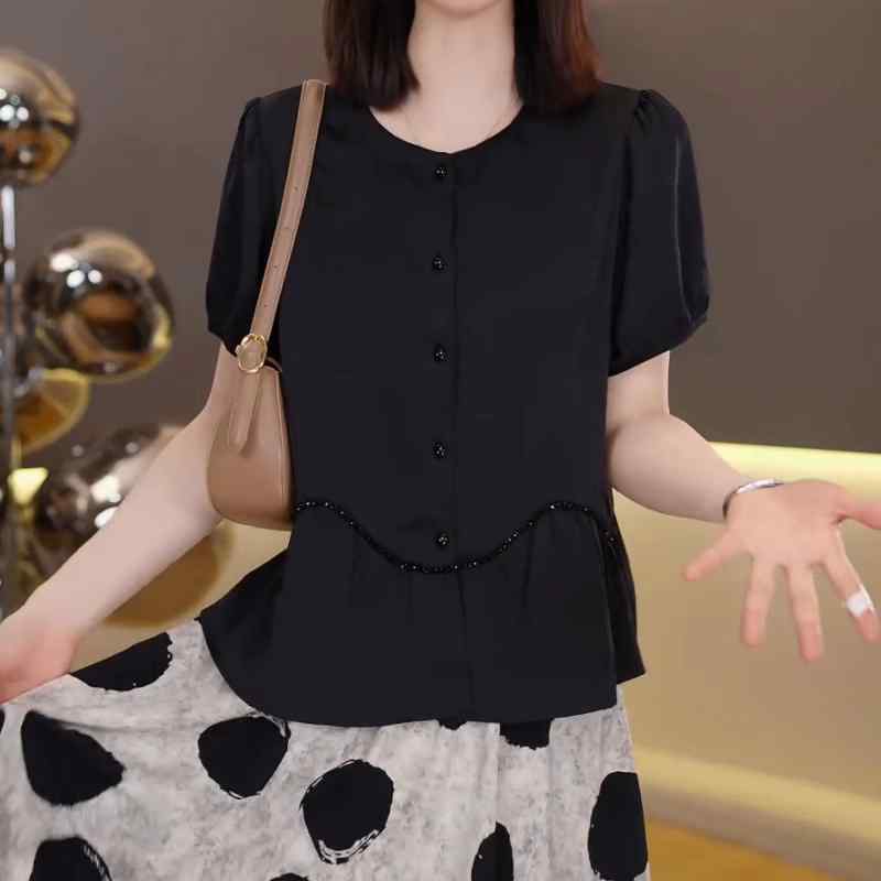 レディース ビッグサイズ ブラウス 高級感 切り替え フリル 半袖 丸首 夏 スリム効果 ゆったりシルエット 普段使い トップス