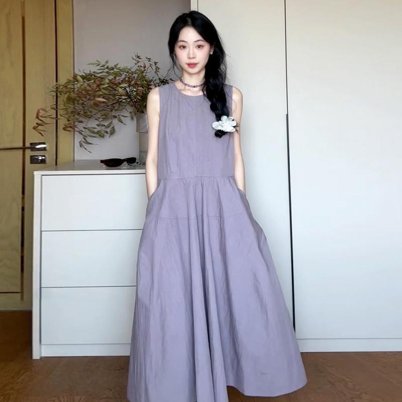 乐天商城 - ワンピース レディース 夏 ノースリーブ ロング 小柄 フレンチスタイル エレガント ビーチ リゾート バカンス 軽やか 伸縮性