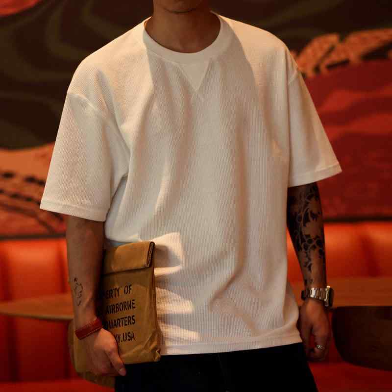 メンズ 短袖 Tシャツ ゆったり ワッフル 生地 抗シワ 肌触り シンプル クルーネック ドロップショルダー インナー トップス カジュアル..