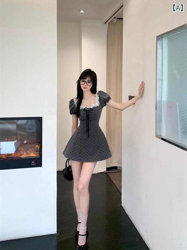 ワンピース レディース 夏 フレンチ レトロ レース 襟 グレー ウエストイン スリム ポルカドット ショート丈 かわいい 軽量 通勤 普段使い 伸縮性 吸湿速乾