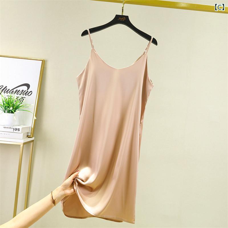 レディース 夏用 吊り紐ワンピース 大きめサイズ ゆったり 中長丈 インナー付き 無地 インナースカート 光沢生地 薄手 寝巻きドレス ルームウェア 部屋着 軽量 吸湿速乾 再生繊維