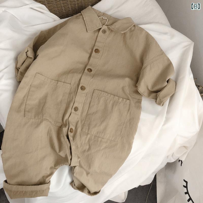 子供用 秋 連体服 ゆったり 前開き ボタン ワーク風 スタンドカラー カジュアル 普...