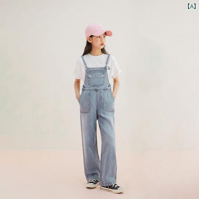 女児 春秋 パンツ デニム素材 ワイドレッグ 修身シルエット 背带タイプ スタイリッシュ 女の子向け 中大児童 洋気 普段使い 伸縮性 軽量 通学用