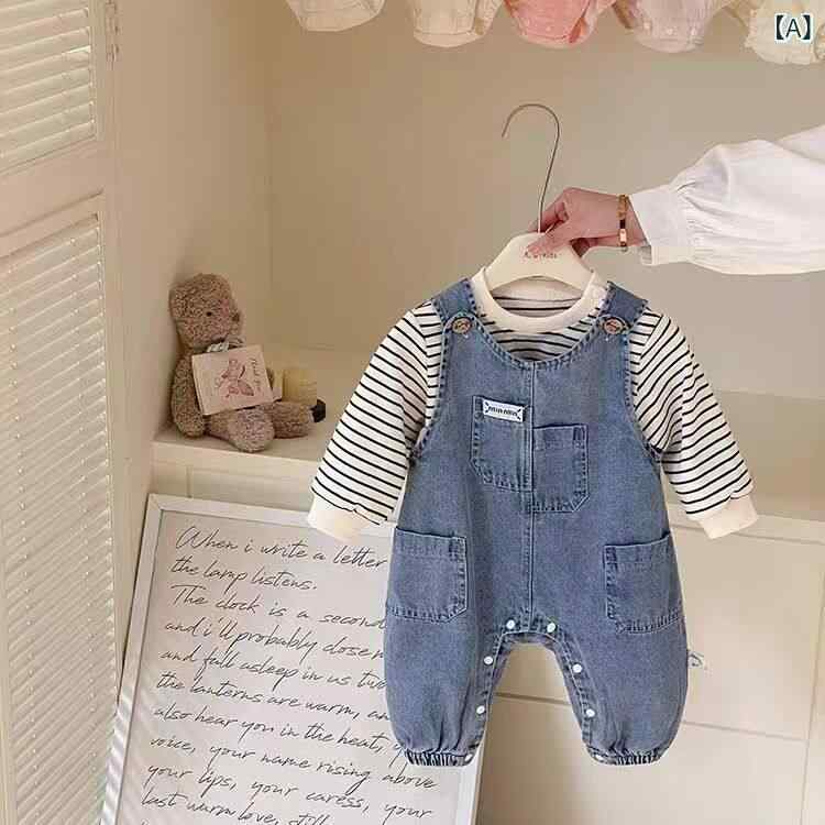 Overalls - ベビー服 春秋 セット ストライプ ロンパース デニム サロペット 外出用 クローリング 動きやすい カジュアル 日常使い 伸縮素材 軽量 綿混