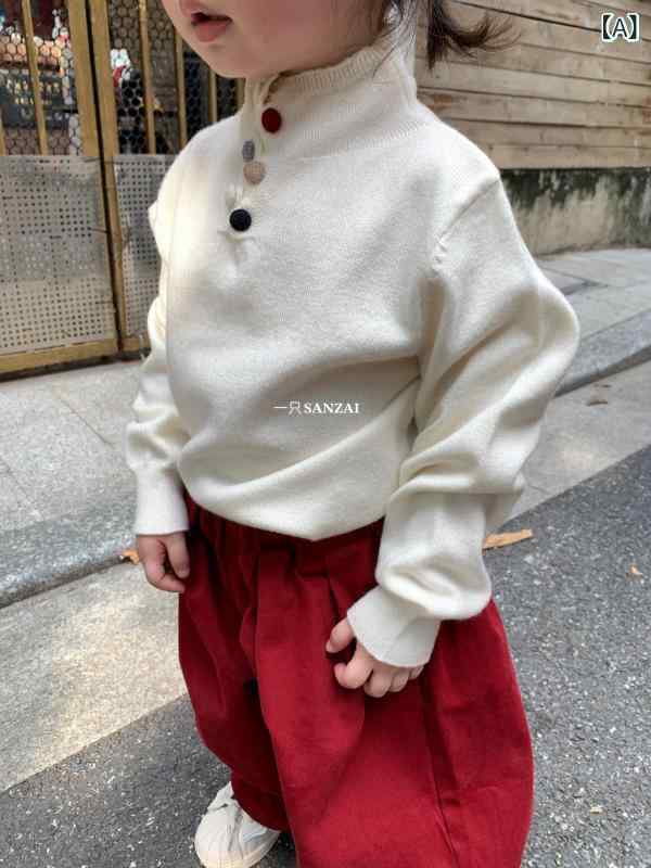 ニットセーター 女の子用 ハイネック 秋冬 カラフル ボタン 子供服 暖か 柔らかい ...