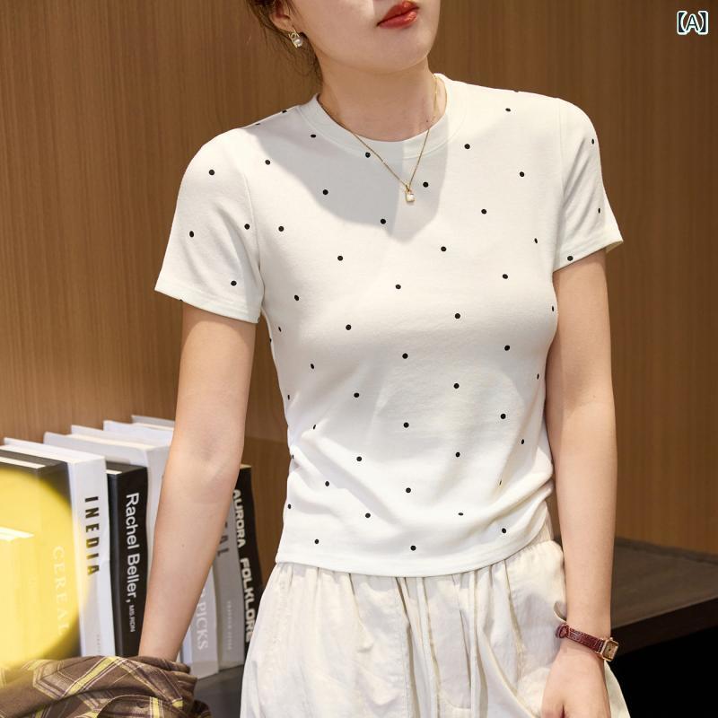乐天商城 - レディース Tシャツ 夏 短袖 モダール コットン 混紡 軽量 柔らかい 肌触り良い ポルカドット 柄 若見え 韓国 トップス 日常使い