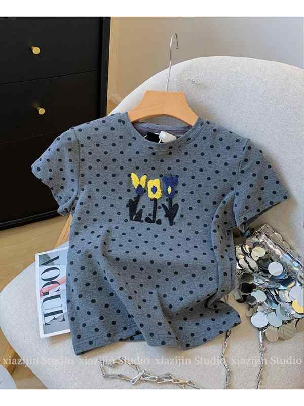 Tシャツ レディース グレー ポルカドット 半袖 夏用 カジュアル ストレートショルダー ユニーク クロップド丈 スリムフィット トップス 吸湿速乾 軽量 伸縮性