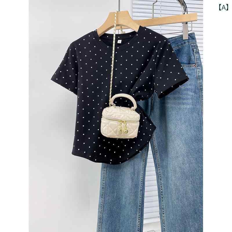 Tシャツ レディース 韓国 シンプル ドット柄 短袖 夏 日常 通勤 合わせやすい トッ...