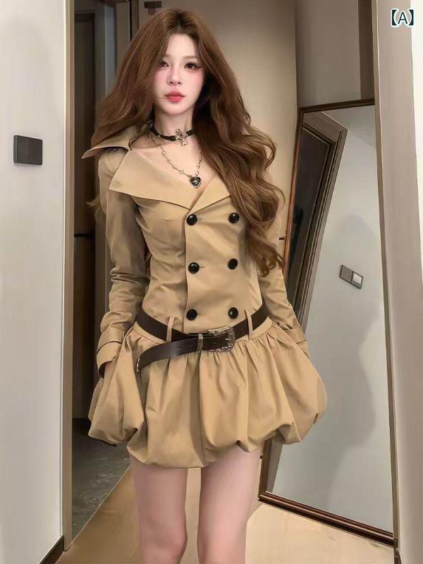 レディース ワンピース 秋 フランス風 レトロ カーキ トレンチコート 長袖 ダブルブレスト 高級感 切り替え フレア スカート 短丈 コートドレス 通勤用 普段使い カジュアル 暖か素材