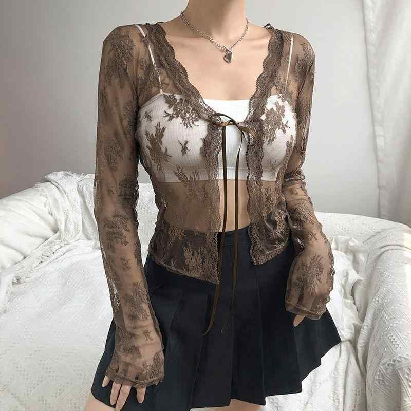 乐天商城 - レディース トップス セクシー レース 透け感 開襟 紐 バインダー Vネック スリム クロップド 長袖 綿 伸縮性 軽量 ブラック ピンク系 アイボリー 普段使い 春夏 秋冬