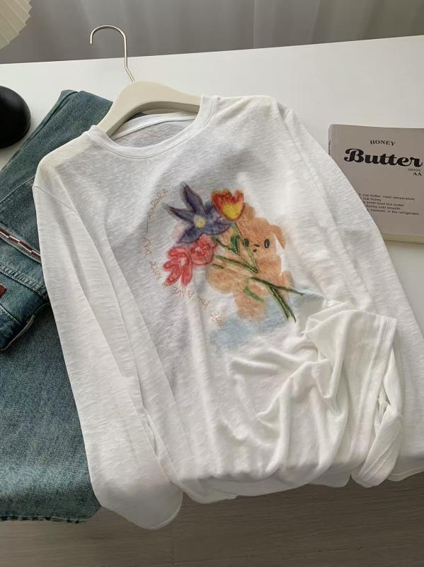 Tシャツ 防晒 女性用 夏 長袖 韓国 ゆったり 透け感 花柄 ウサギ柄 薄手 綿素材 吸湿速乾 UVカット 軽量 アウトドア 普段使い トップス ブラウス...