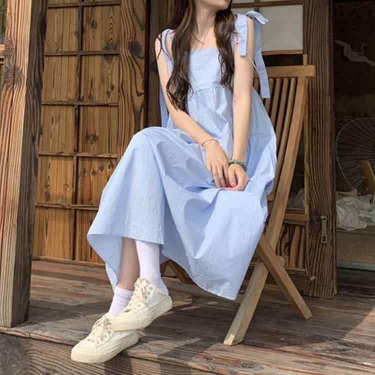 ワンピース レディース 春夏 ノースリーブ キャミソール ロング丈 ブルー 水色 青 フェミニン ガーリー サマードレス カジュアル 普段使い リゾート お呼ばれ デート キュート 爽やか 涼しい 旅行 Aライン フレア スリム