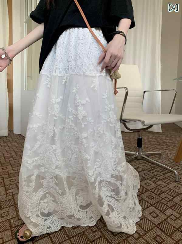 Rakuten - スカート レディース 春夏 レース クロシェ 花柄 ホワイト チュール ハイウエスト Aライン ロング フェミニン 軽量 ガーリー ミディ丈 膝下丈 女性らしい シルエット
