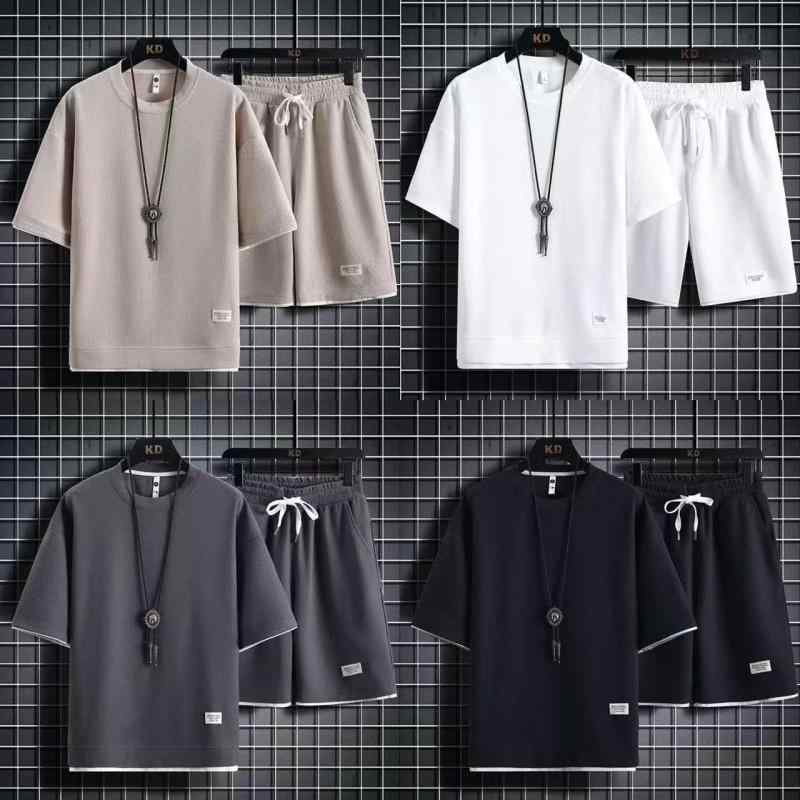 乐天商城 - メンズ 半袖Tシャツ ショートパンツ セット 接触冷感 夏用 吸湿速乾 軽量 綿混 紡績素材 カジュアル スポーツ 普段使い 通勤 通学 黒 白 グレー ビッグシルエット 伸縮性