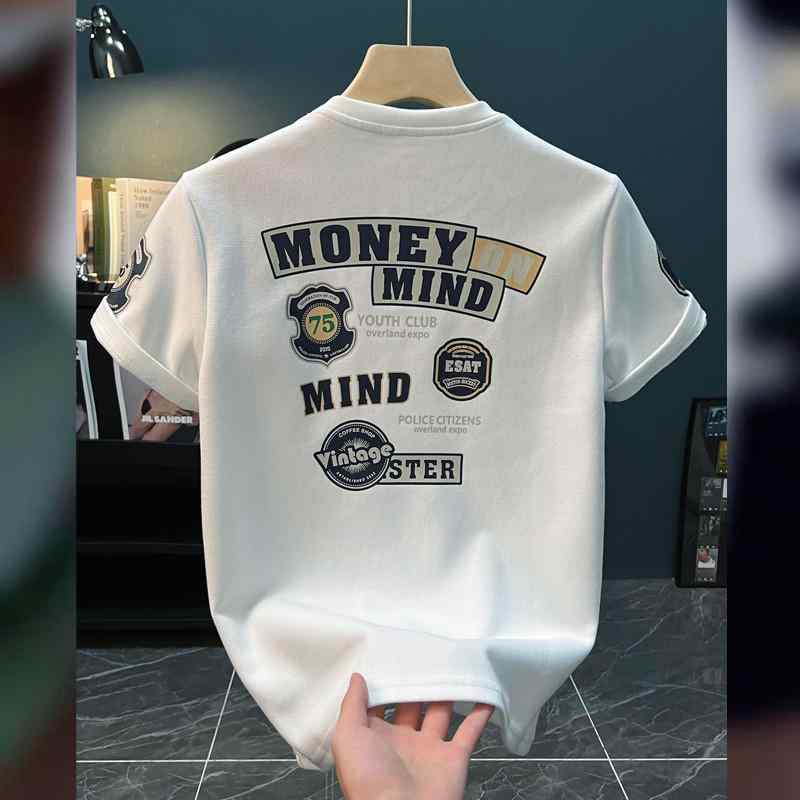 樂天商城 - メンズ Tシャツ 夏用 丸首 半袖 カジュアル インナー 刺繍 アルファベット デザイン トレンド トップス 普段使い 軽量 コットン ベーシック