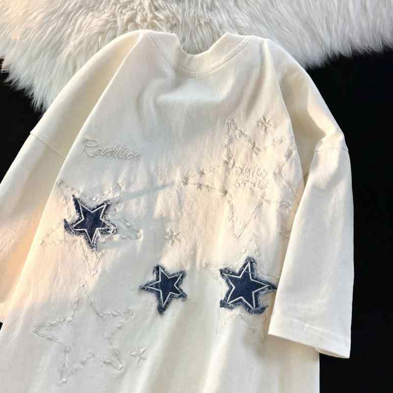 メンズ 夏用 ゆったり 短袖 Tシャツ 星 刺繍 アメリカンスタイル ビッグサイズ カジュアル トップス ストリートファッション ペア マッチング