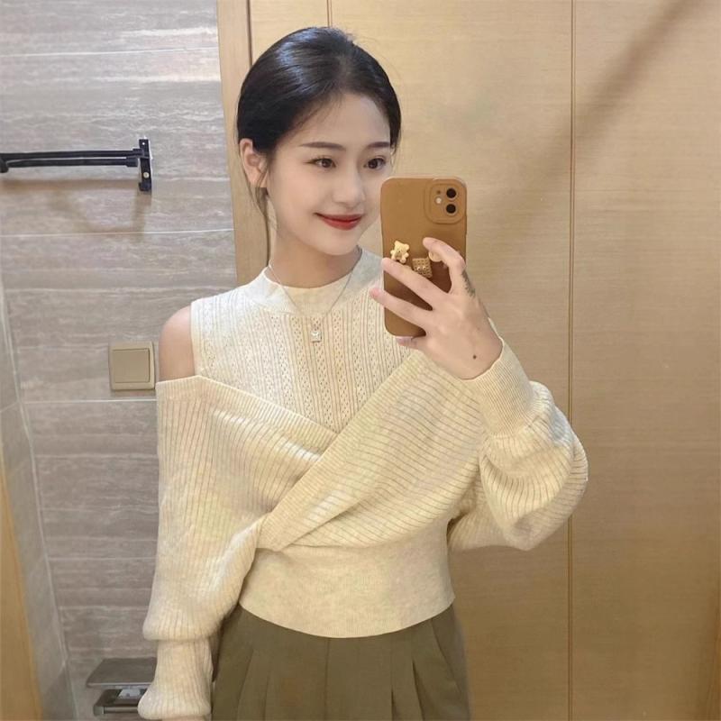 乐天商城 - ニット トップス 女性用 秋冬 肩出し 切り替え 長袖 毛衣 甘め スパイシー 不規則 レイヤード 吸湿速乾 伸縮性 暖かみ ブラック グレー ピンク系 アイボリー カジュアル 普段使い