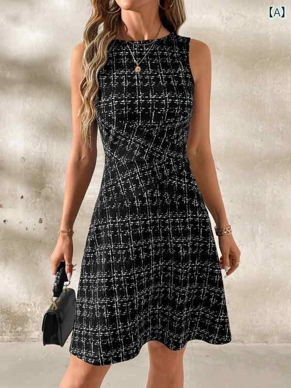 樂天商城 - 春夏 ワンピース 女性用 ストライプ チェック ラウンドネック ノースリーブ 切り替え ウエストゴム プリーツ ミドル丈 ミドルスカート 軽量 伸縮性 通勤用 普段使い ブラック ピンク系 アイボリー コットン ポリエステル