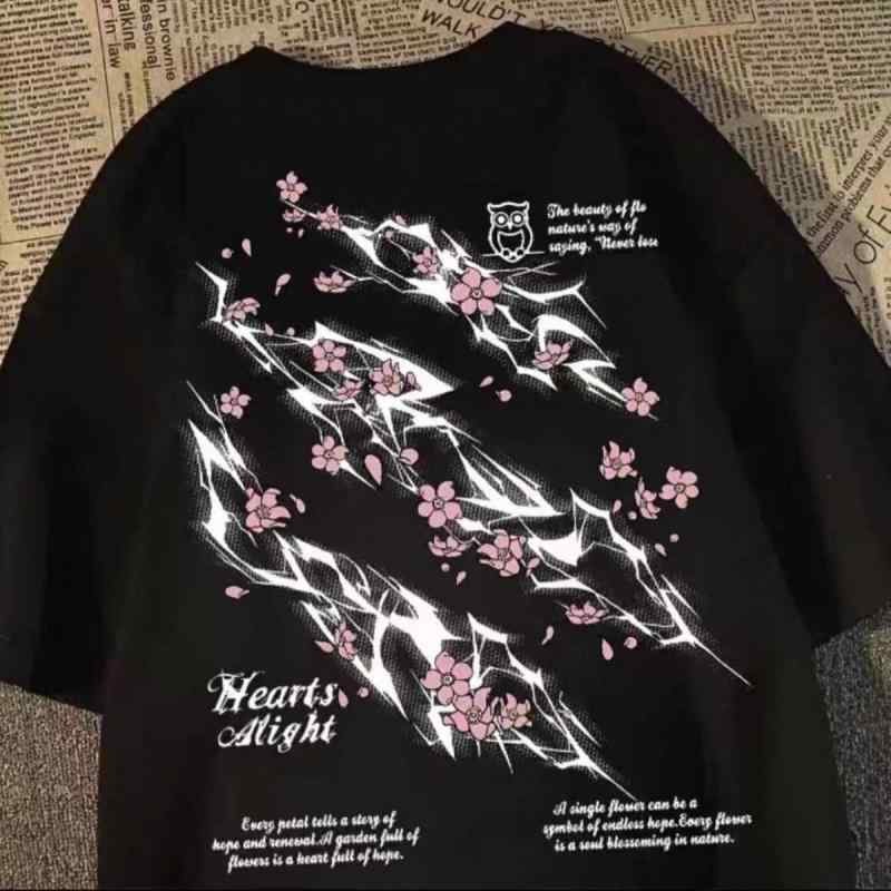 半袖 Tシャツ メンズ レディース コットン ビンテージ アメリカン スタイル ライトニング 桜柄 プリント ゆったり フィット ストリート ファッション トップス 夏用 普段使い