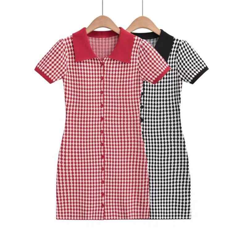 ワンピース レディース ヨーロピアンスタイル ラウンドネック チェック柄 シングルブレスト 短袖 プリーツスカート ニット ボタン 膝丈 コットン混 軽量 通勤 デート 春夏