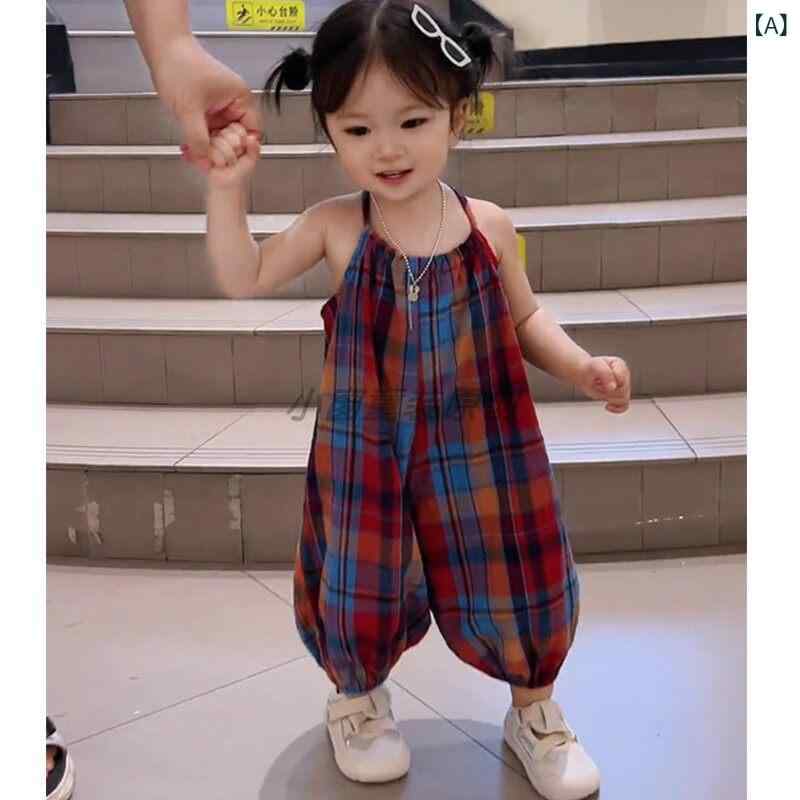 女の子用 夏 連体背広パンツ かわいい ウサギ尾巴 チェック柄 足首ゴム 子供服 カ...