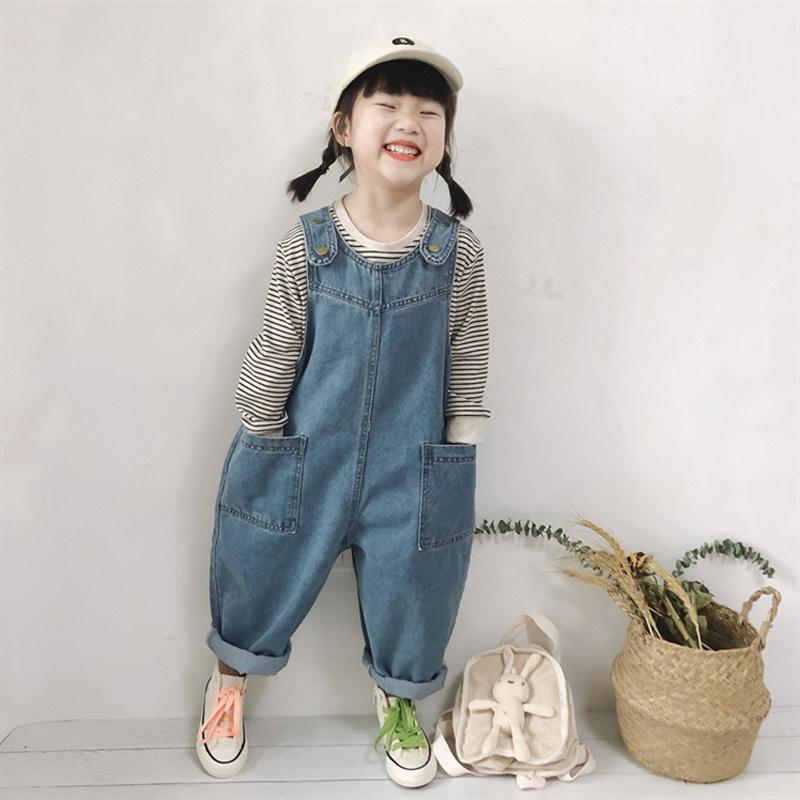 Overalls - 女の子用 デニム連体ズボン 春秋 キッズ オーバーオール セット ベビー服 幼児パンツ カジュアルスタイル 普段使い 通園服 ストレッチ素材 快適フィット