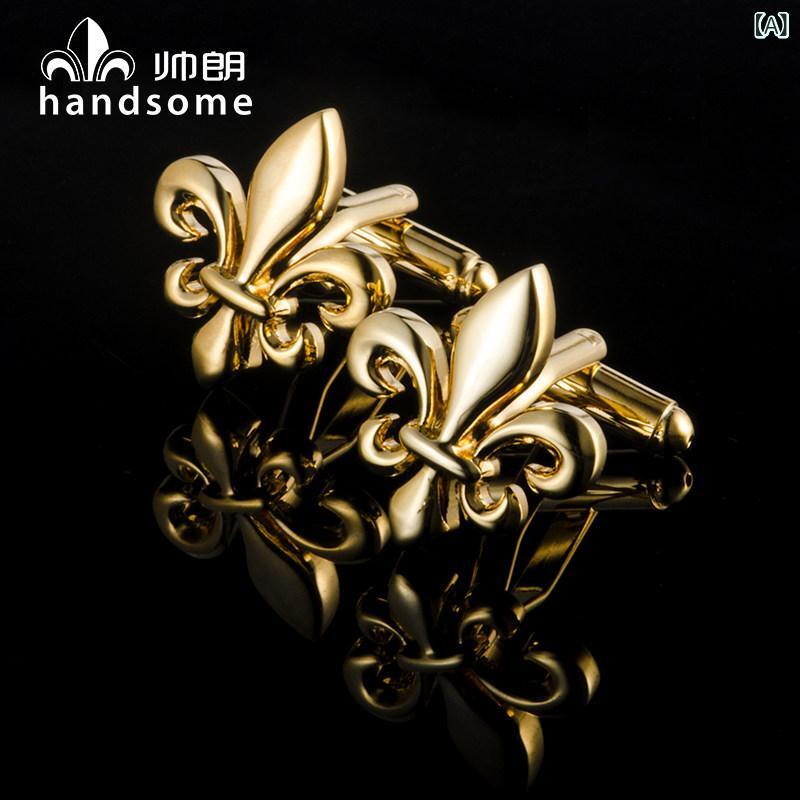 カフスボタン ユリ花型 ゴールドメッキ 銅製 メンズ フォーマル シャツ袖口 アクセサリー ビジネス クラシックスタイル