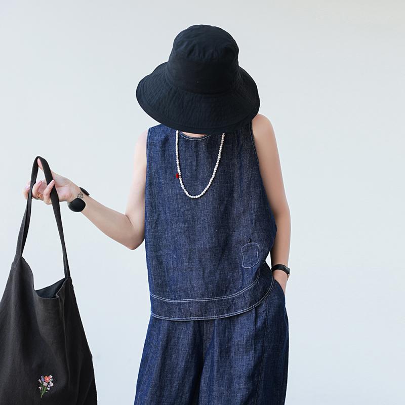 夏 女性用 無袖 Tシャツ トップス 背心 漢麻 麻 牛仔布 デニム 斜紋 織り 色柄 クール 涼感 接触冷感 吸湿速乾 通勤用 普段使い カジュアル ブラウス ライトウェイト ビッグシルエット 春夏