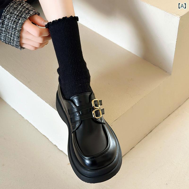 厚底ローファーシューズ レディース 革 ブラック 英国風 イージーオン 春 普段使い カジュアル デイリー 快適 スタイリッシュ