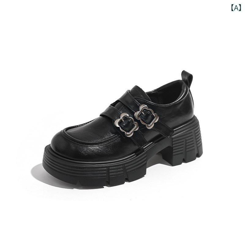 ローファー レディース 厚底 夏用 ソフトソール 英国風 ダブルバックル 小柄対応 身長アップ 太ヒール 革 カジュアル 普段使い 快適 軽量 スモールフィット