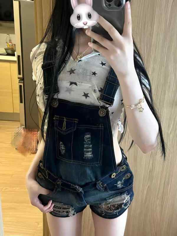 乐天商城 - デニム 吊りスカートパンツ 女性用 夏 薄手 接触冷感 切り替え ショート丈 ワイドシルエット スリムフィット 破れ 日常使い カジュアル