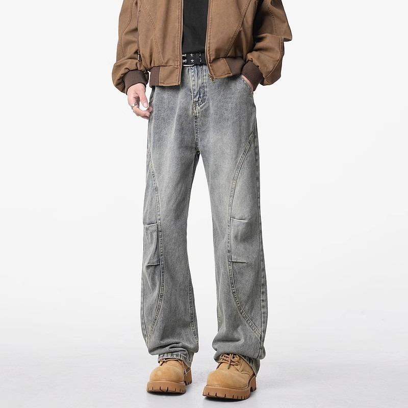 Pants - メンズ ジーンズ ズボン 冬 秋冬 洗い加工 ビンテージ加工 マイクロフレア ハイウエスト ストレートレッグ ワークパンツ コットン デニム 軽量 伸縮性 普段使い 通勤用 アウトドア ダークカラー ビッグシルエット カジュアルスタイル