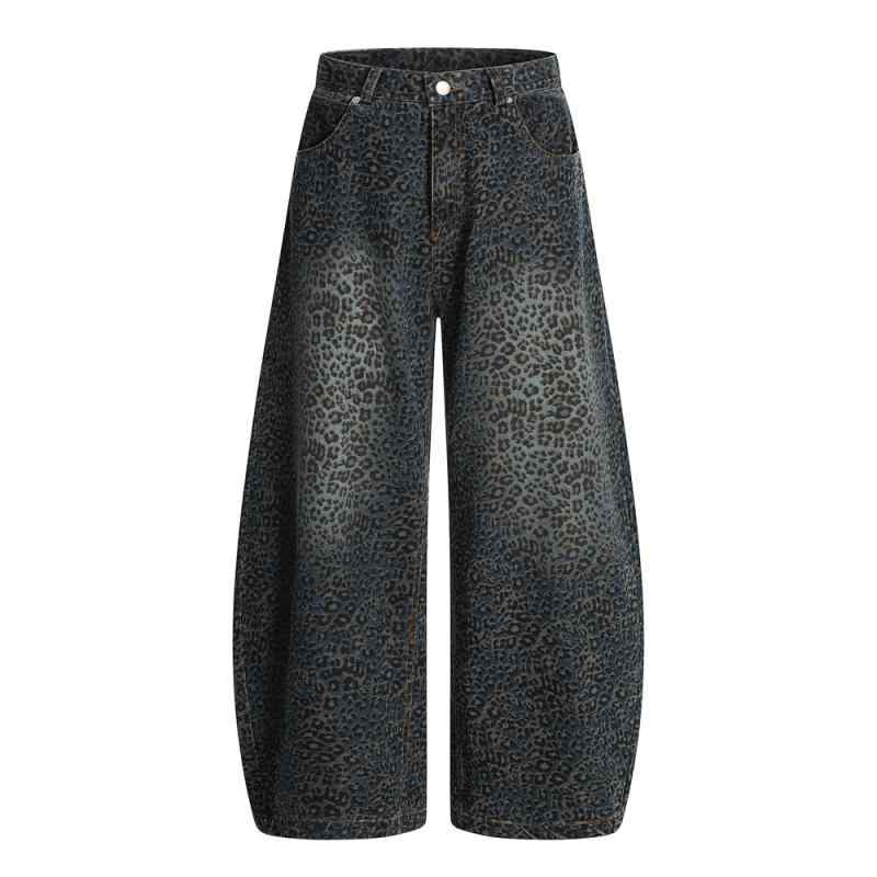 メンズ デニムパンツ ヒップホップ ストリートファッション 牛仔 洗い加工 ダメージ加工 ヒョウ柄 サイドスリット ワイドシルエット フ..