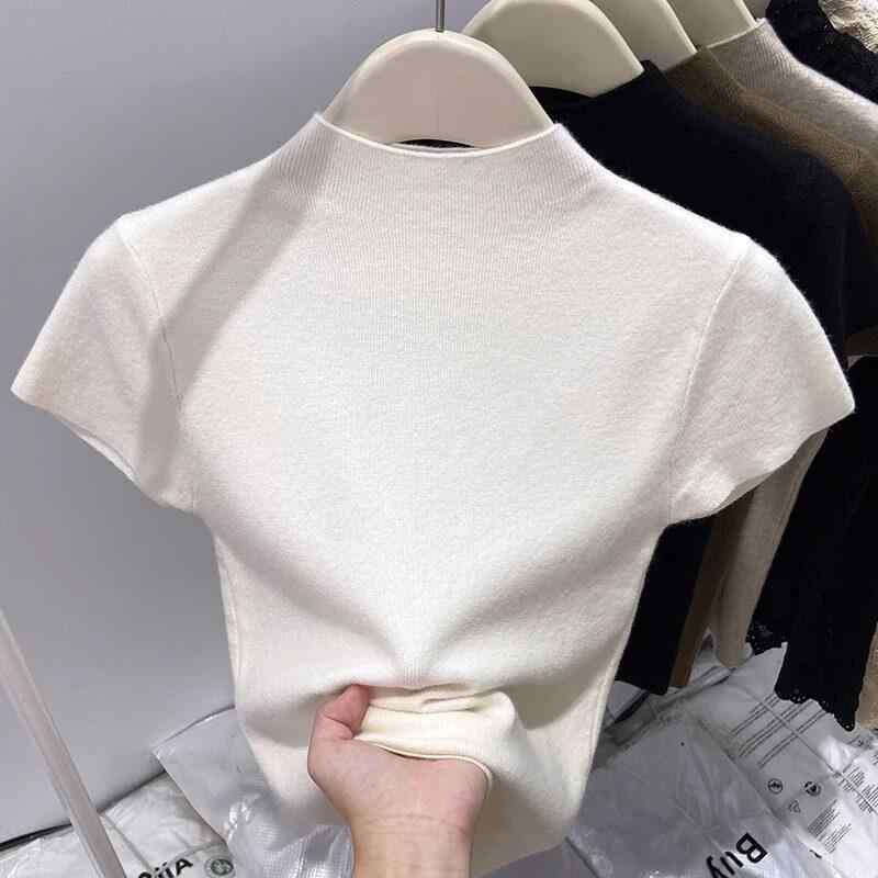 Tシャツ レディース 夏用 ニット 短袖 ハーフハイネック キャップスリーブ 短丈 インナー スリムフィット 上品 トップス 軽量 伸縮性 吸湿速乾 通勤用 普段使い