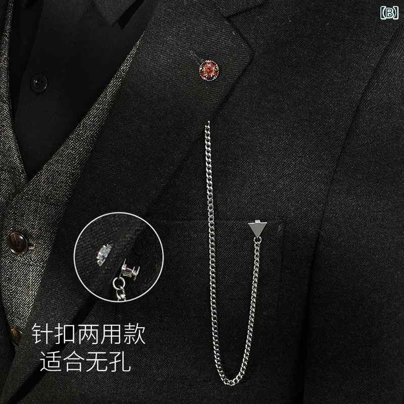 メンズ スーツ用 胸針 チェーン ブローチ 高級感 フラワー アクセント 三角 バック...