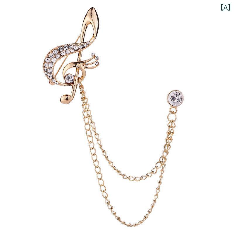 Tack Pins - ブローチ 男性用 音符モチーフ タッセルチェーン スーツ胸花 ピン 高級感アクセサリー 胸章 バッジ フォーマル配飾 小物 金属製 洗練
