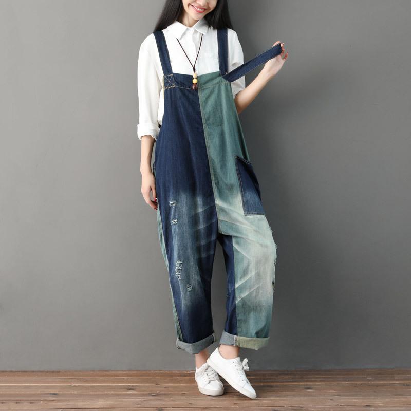 Long Pants - 春夏 ビンテージデニム ズボン 切り替え 破れ ロングパンツ 女性用 大きいサイズ 吊り紐パンツ ゆったりワイド レッグ フィット カジュアル 普段使い ストレッチ素材 コットン混 ベーシックスタイル
