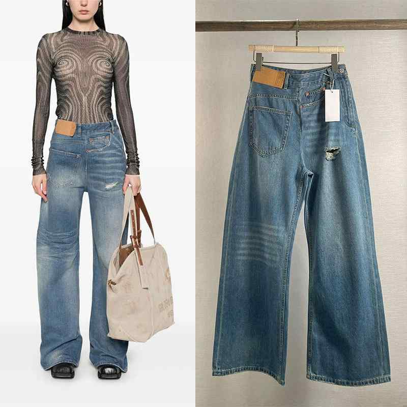 乐天商城 - デニムパンツ 女性用 ハイウエスト ワイドレッグ ゆったり スリム効果 切り替え 破れ加工 コットン ストレッチ 普段使い カジュアル デイリーウェア ブラック グレー ブルー 通年