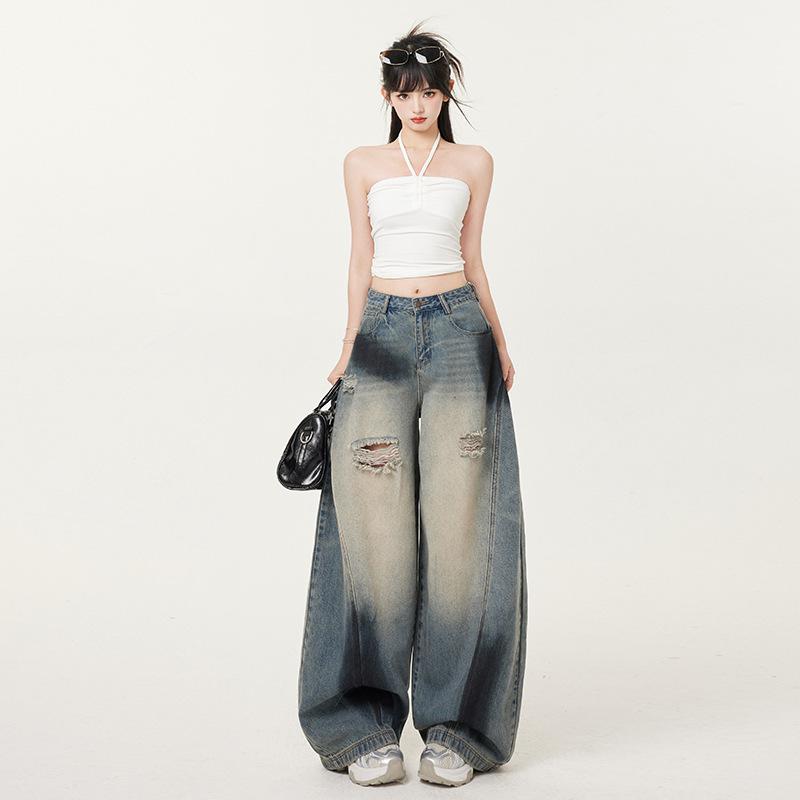 樂天商城 - デニムパンツ レディース ビンテージ 復古 破れ加工 ワイドレッグ ストレート フィット スリム効果 コットン素材 カジュアル ストリートスタイル 通勤 普段使い 秋冬 ブラック ブルー