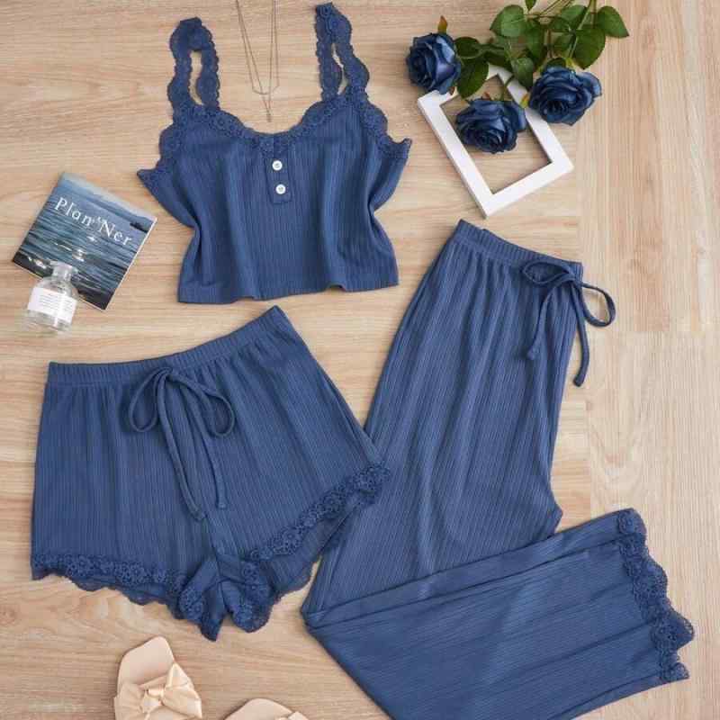 Room Wear - レディース パジャマ セット セクシー レース 花柄 スリムフィット キャミソール ロングパンツ 3点組 外出着 ホームウェア コットン 伸縮性 柔らかい 寝間着 ルームウェア ゆったりシルエット