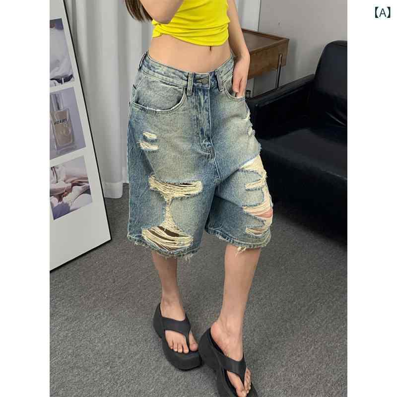ジーンズパンツ 女性用 デニム ビンテージ加工 破れ 穴あき ロングパンツ ミドル丈 カジュアル 普段使い 軽量 ストレッチ ブラック ブルー グレー 通年