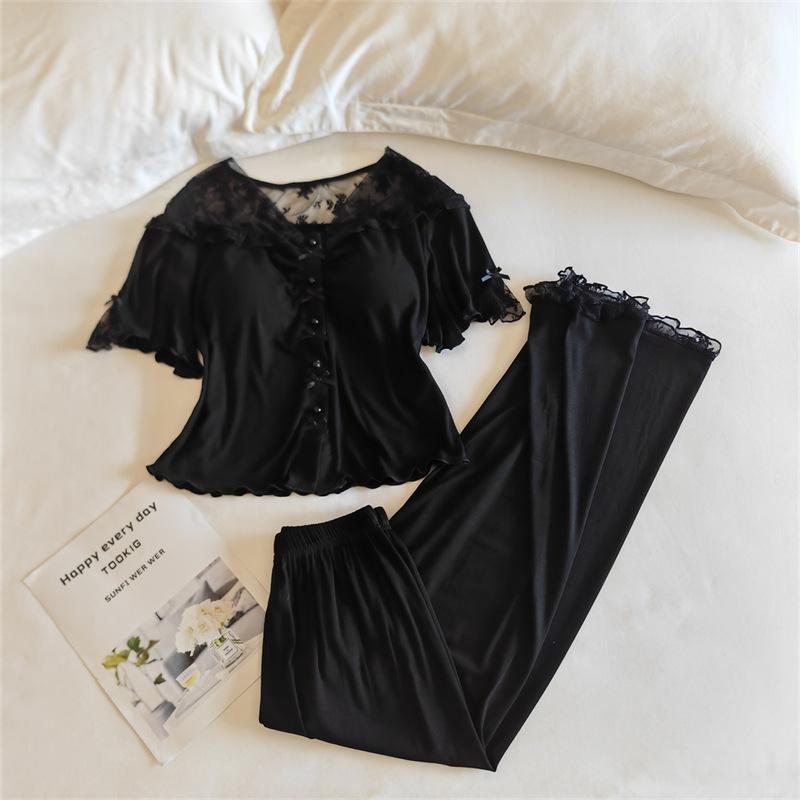 Room Wear - パジャマ レディース 春夏 短袖 開衫 2点セット 薄手 再生繊維 かわいい 部屋着 伸縮性 吸湿速乾 接触冷感 ブラック ピンク アイボリー 軽量 カジュアル ホームウェア ビッグシルエット トップス ボトムス