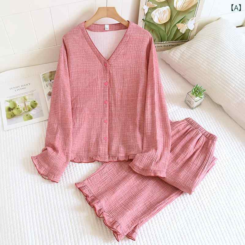 Room Wear - 春夏 レディース ホームウェア セット 長袖 ロングパンツ 綿 クリープ素材 Vネック ソリッドカラー シンプル 外出対応 部屋着 普段使い 吸湿速乾 伸縮性 軽量 接触冷感 再生繊維 ブラック グレー ピンク系 アイボリー カジュアルスタイル 通勤用