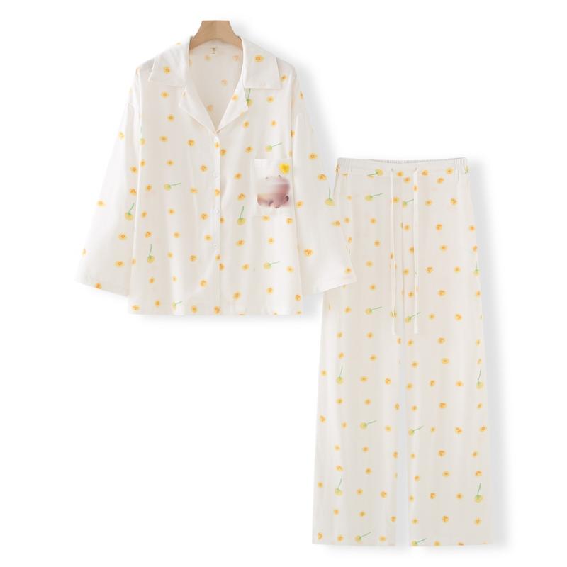 Room Wear - パジャマ レディース 春夏 かわいい プリント 綿 再生繊維 長袖 ホームウェア セット シンプル 高級感 軽量 吸湿速乾 通勤外 普段使い 部屋着 リラックス インナー トップス ボトムス セットアップ 柔らかい 肌触り ベッドウェア ルームウェア ナ