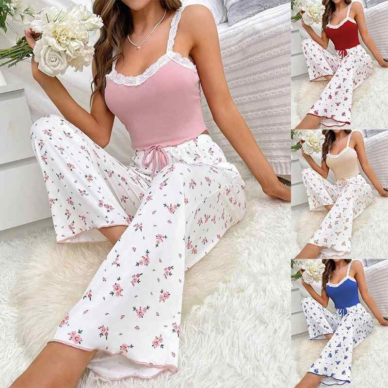 Room Wear - ノースリーブ Vネック キャミソール ロングパンツ セット 女性用 綿混 再生繊維 接触冷感 かわいい レース フラワー柄 ルームウェア 部屋着 軽量 伸縮性 吸湿速乾 ピンク系 春夏 通勤後 リラックス カジュアルスタイル ホームファッション ベッドル