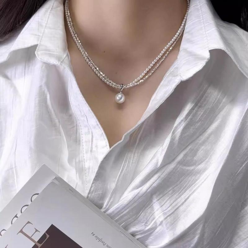 Rakuten - ネックレス 女性用 純銀 天然淡水真珠 二層巻き レイヤード 鎖骨チェーン 細銀粒 スタイリッシュ アクセサリー ジュエリー 日常使い エレガント シルバー 淡水パール 重ね着用 ショート丈