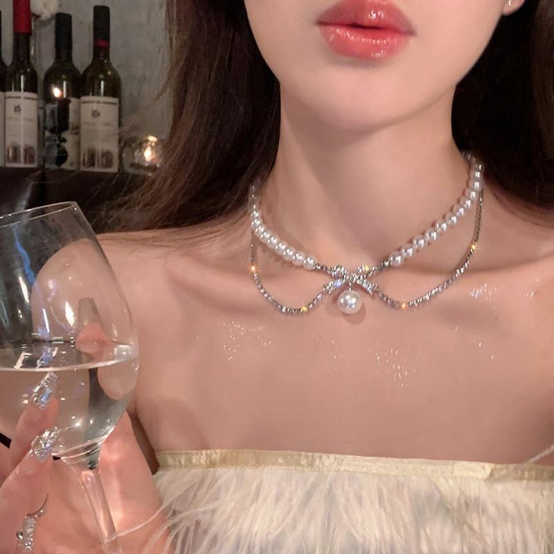 Beads - ネックレス レディース 二重 リボン パール レイヤード 鎖骨チェーン ウェディング アクセサリー ブライダル 結婚式用 高級感 華やか 装飾品