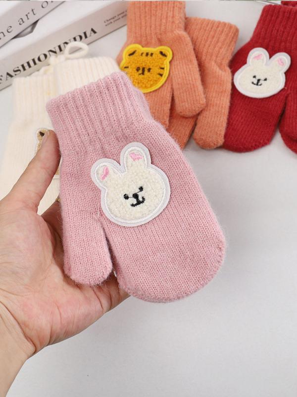 Gloves - 手袋 女の子用 秋冬 指付き ウサギ柄 かわいい アウトドア 防寒 薄手 保暖 毛糸 子供用 柔らかい 伸縮性